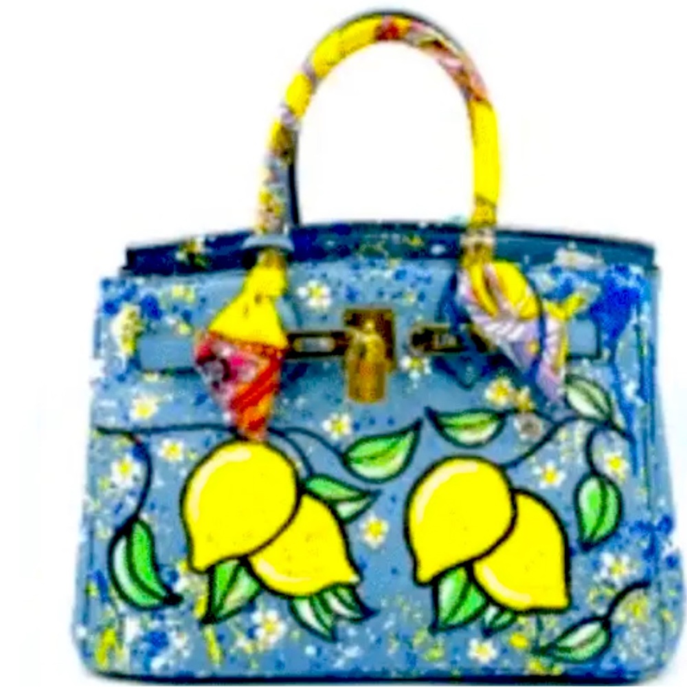 Anca Barbu Satchel BlueTop Handle Lemons Italy Leather Bag Handbag Large